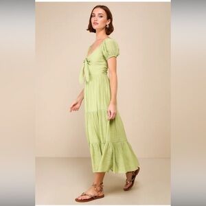NWT Never Worn | Green Tiered Tie-Front Puff Sleeve Midi Dress
